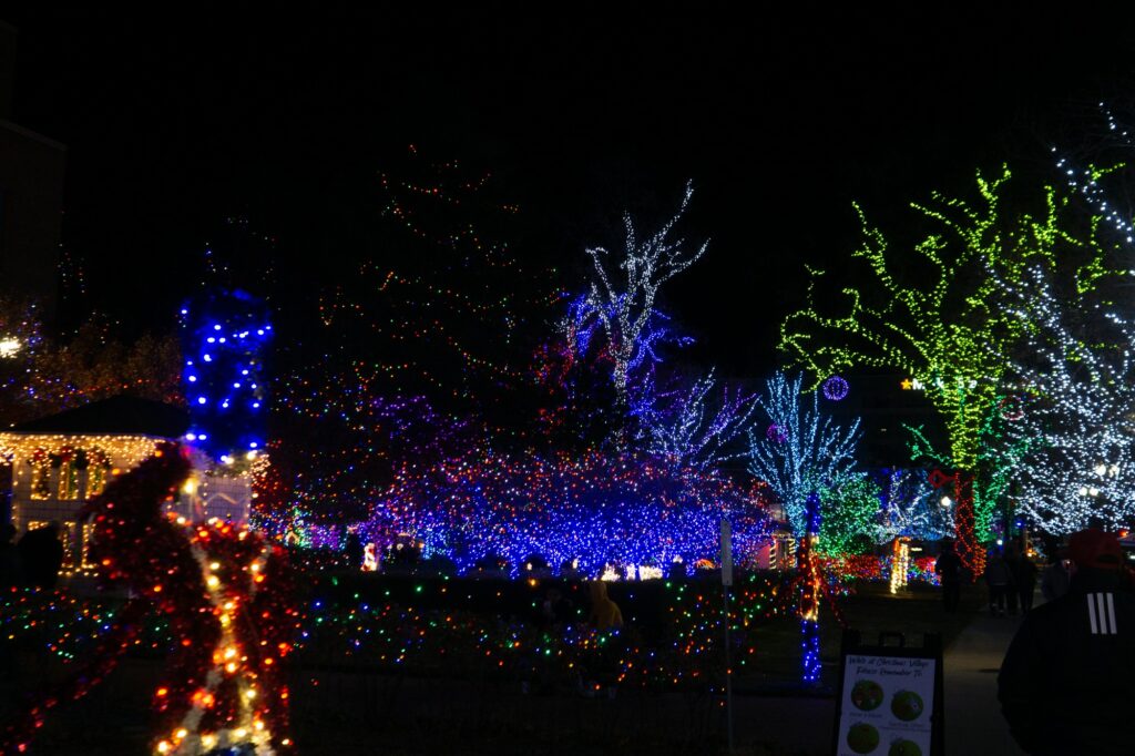 The Municipal Gardens are full of Christmas lights and small houses. (Israel Campa / The Signpost)
