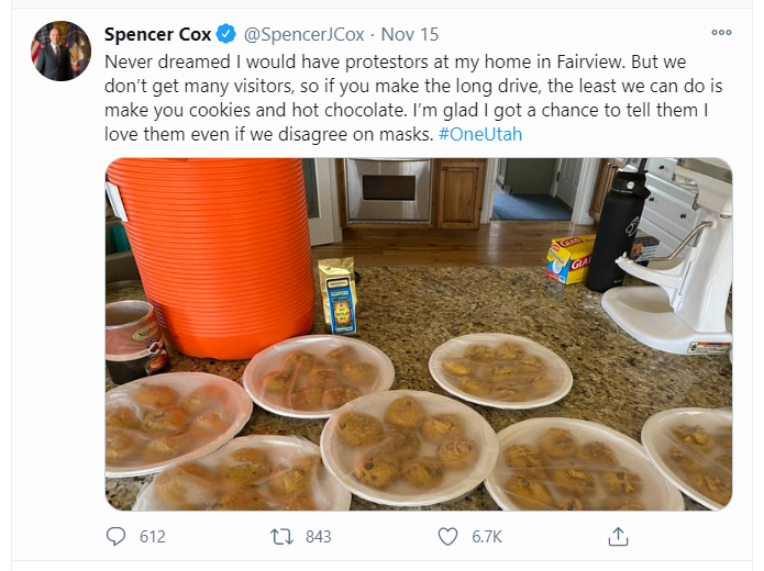 Lt. Gov. and Gov. Elect Spencer Cox tweeted about giving protestors on his property cookies and hot chocolate.
