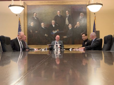 Attorney General Sean Reyes, second from right, sits with other members of the Utah State Board of Canvassers (left to right, Treasurer David Damschen, Auditor John Dougall, Lt. Governor Spencer Cox and Elections Director Justin Lee) to certify the 2018 election. Reyes won re-election to his post today. (Photo by Ben Winslow, FOX 13 News via Tribune News Service)