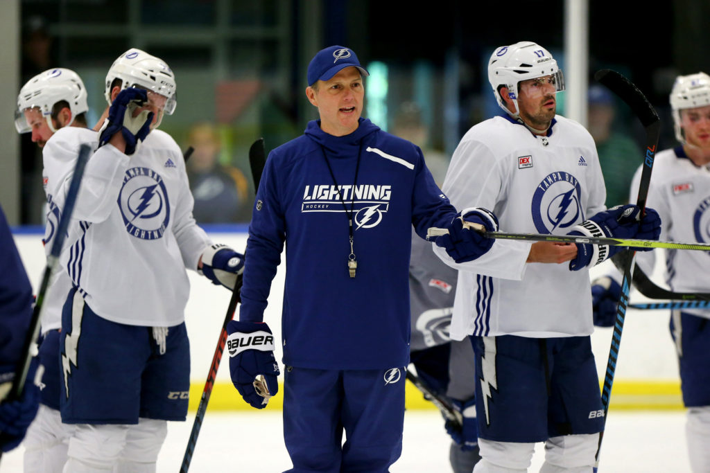 Tampa Bay Lightning head coach Jon Cooper supervises a training camp practice session at the Ice Sports Forum in Brandon, Fla., on September 14, 2018. Cooper's Lightning were unable to hold a third-period lead on Saturday, Nov. 10, 2018, dropping a 6-4 contest against the Ottawa Senators. (Douglas R. Clifford/Tampa Bay Times/TNS)