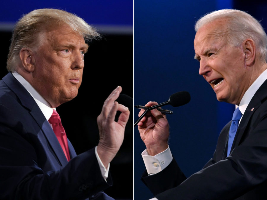This combination of pictures created on October 22 shows US President Donald Trump and Democratic Presidential candidate and former US Vice President Joe Biden during the final presidential debate at Belmont University in Nashville, Tennessee, on October 22. (Brendan Smialowski and Jim Watson/AFP via Getty Images/TNS)