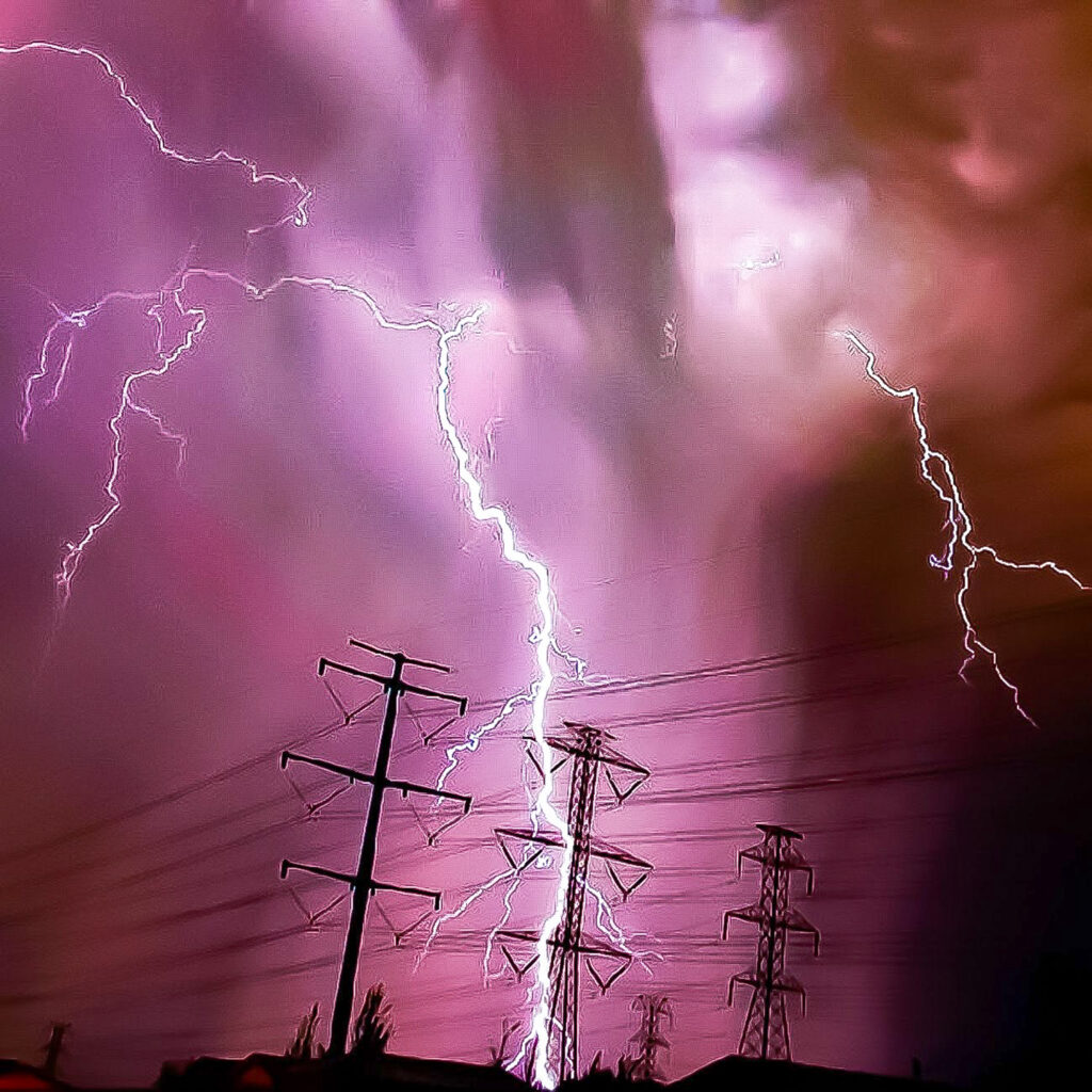 During one of the only storms of the Summer of 2020, this lightning strike hit a power line, cutting power to many residents in the area.  (Nikki Dorber / The Signpost)