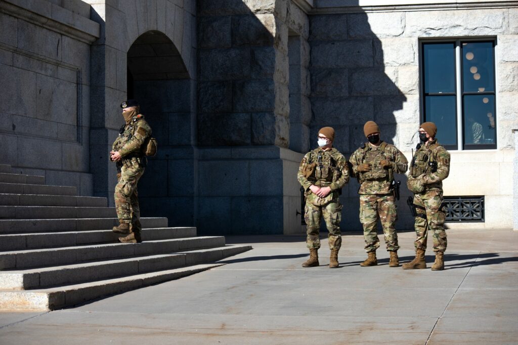 National Guard stands at Utah's Capitol steps bracing for rowdy protestors. (Sarah Earnshaw/ The Signpost)