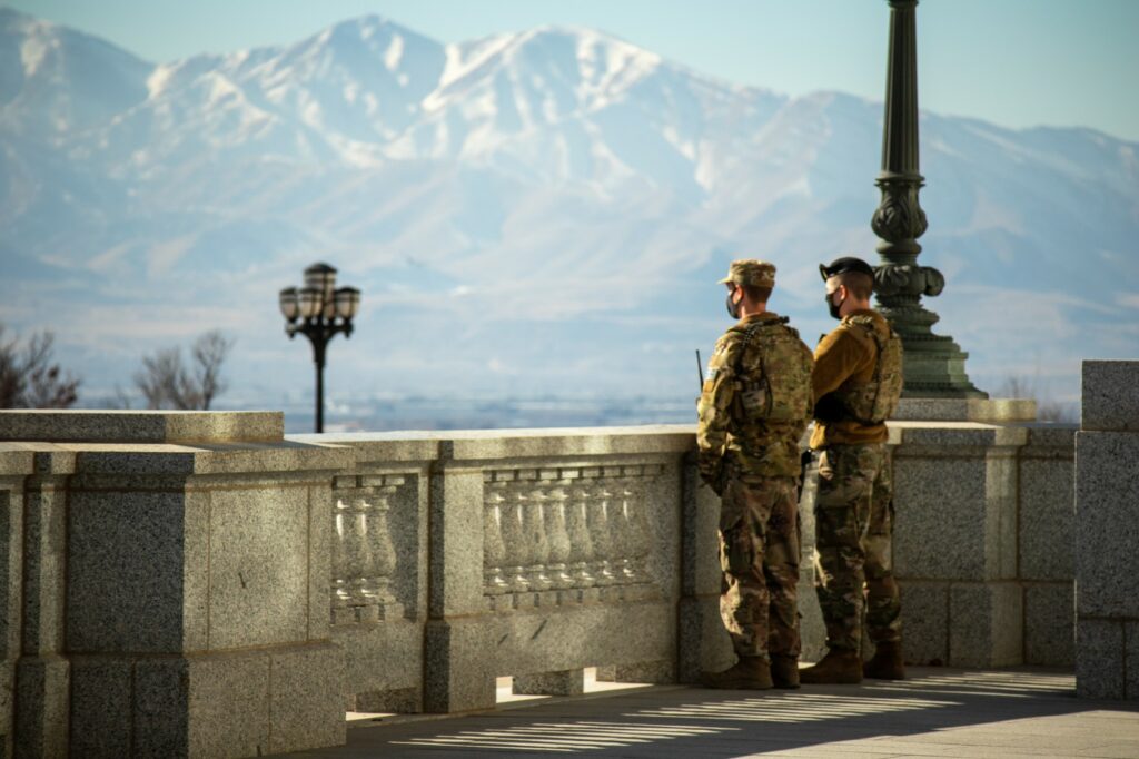 National Guard looks out at Utah Valley while protecting Utah Capitol on Jan. 22, 2021. (Sarah Earnshaw/ The Signpost)