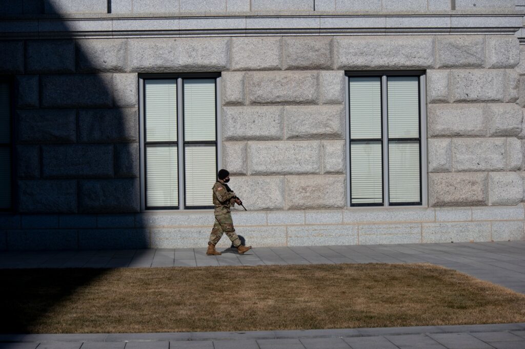 National Guard walks paths at the Utah Capitol on Jan. 20, 2021 (Sarah Earnshaw/ The Signpost)