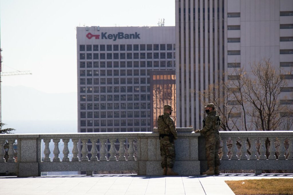 National Guard looking out at Salt Lake City while protecting Utah's Capitol. (Sarah Earnshaw/ The Signpost)