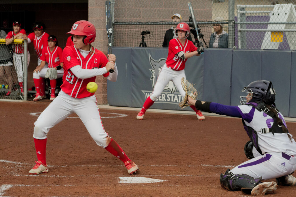 Lauren Hoe keeps her eye on the ball as Utah steps up to the plate to bat. (Kelly Watkins / The Signpost)