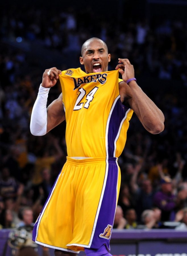 Los Angeles, California; Apr. 13, 2016 -- Lakers Kobe Bryant celebrating during the playoffs in 2008 at the Staples Center. (Wally Skalij/Los Angeles Times)