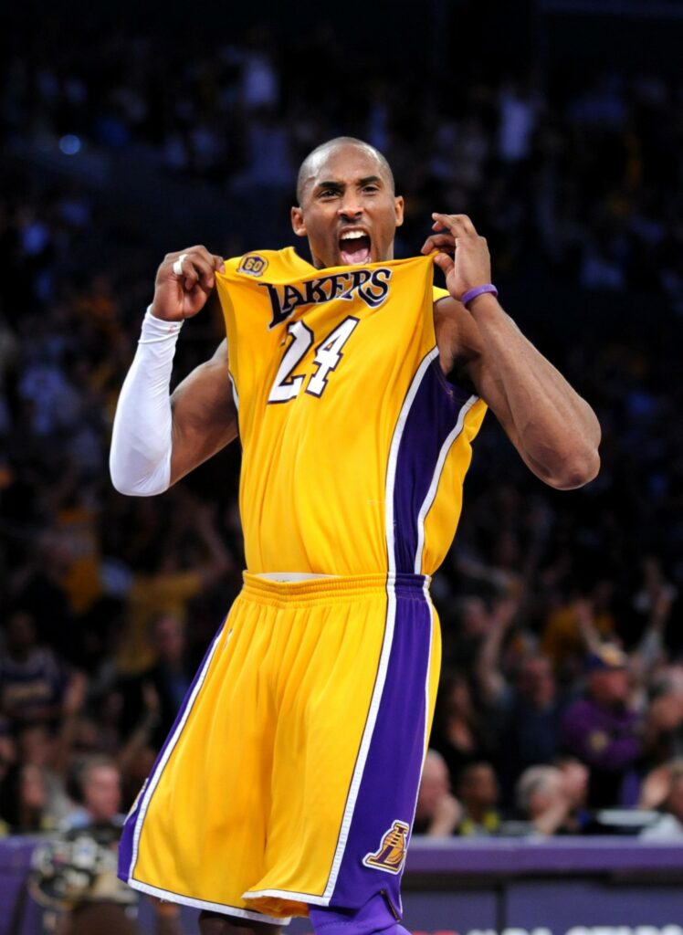 LOS ANGELES, CALIFORNIA; APR. 24, 2008-Lakers' Kobe Bryant celebrating during the playoffs in 2008 at the Staples Center. (Wally Skalij/Los Angeles Times)