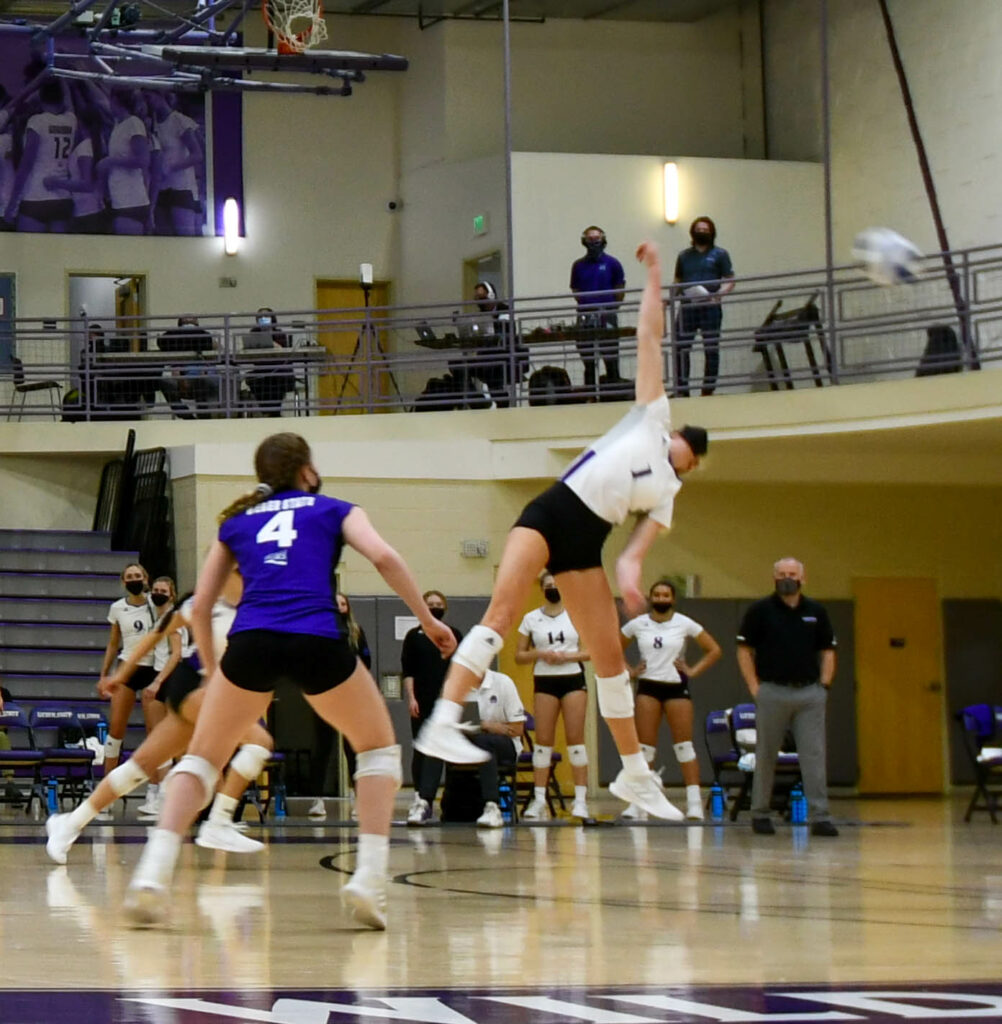 Rylin Adams, of Weber State women's volleyball team, jumps for a hit during the second game against Southern Utah University on Friday. (Nikki Dorber / The Signpost)
