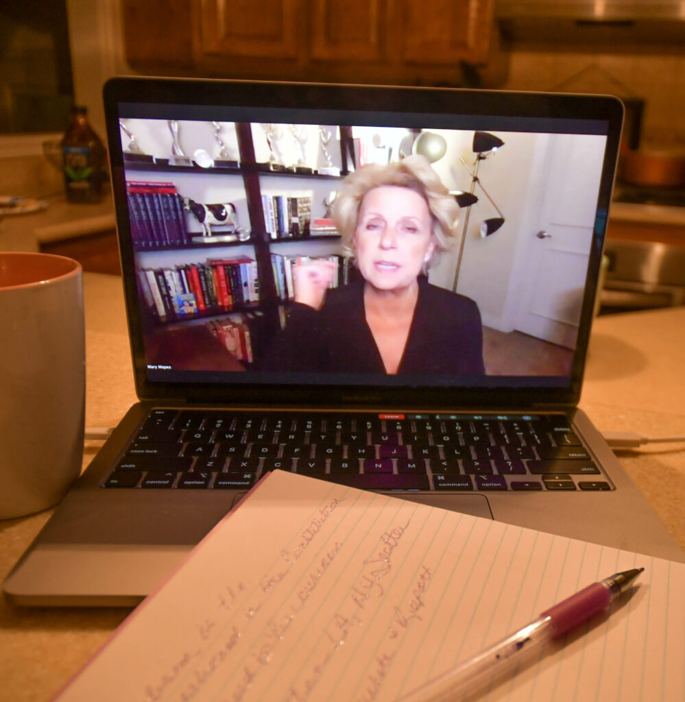 Mary Mapes, American journalist, partner to Dan Rather and producer for 60 Minutes visits with attendees via Zoom.  Mary shares stories, experiences and thoughts about becoming a journalist.  (Nikki Dorber / The Signpost)
