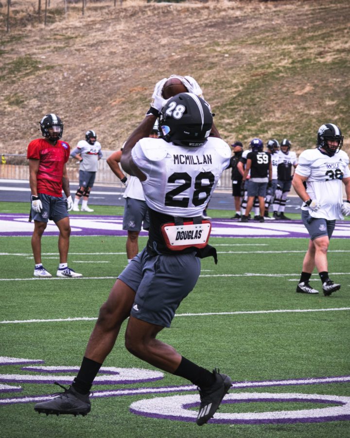 Wildcat running back Dontae McMillan catches a pass out of the backfield in practice at Stewart Stadium. Photo credit: Weber State Athletics