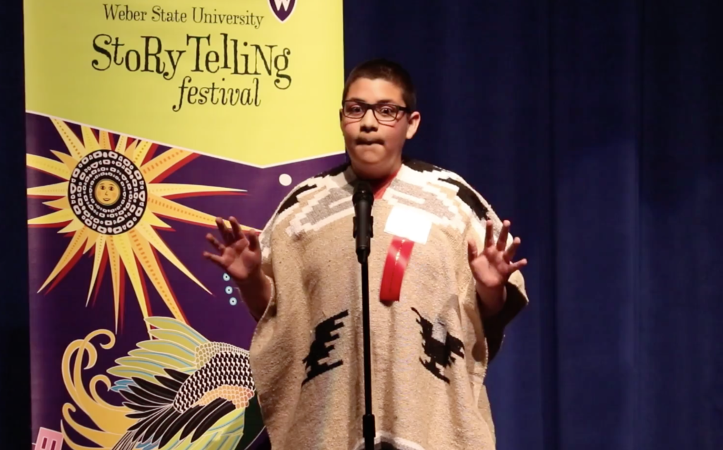 Gerardo, a local elementary student, performs a fable called La Llorona at Weber State's Storytelling Festival. Weber State's storytelling festival started Feb. 22 and will go until March 18. (The Signpost/ Sarah Earnshaw)