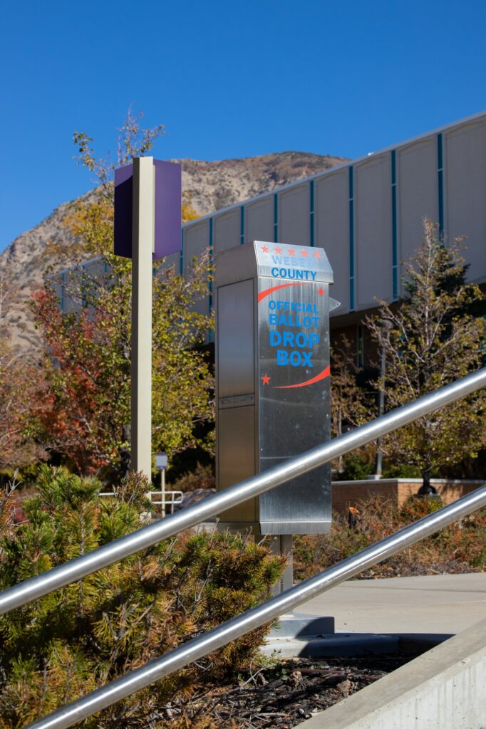 Weber States Ballot Box is just outside of the Stewart Library on the main campus in Ogden, UT. WSU has ballot boxes and other helpful information to help students vote during elections. (BriElle Harker / The Signpost)