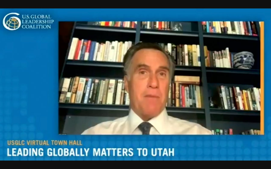 Sen. Mitt Romney addresses questions from viewers and from other panelists. Many of these questions are about the vaccine and Chinese influence in Utah. (Israel Campa / The Signpost)