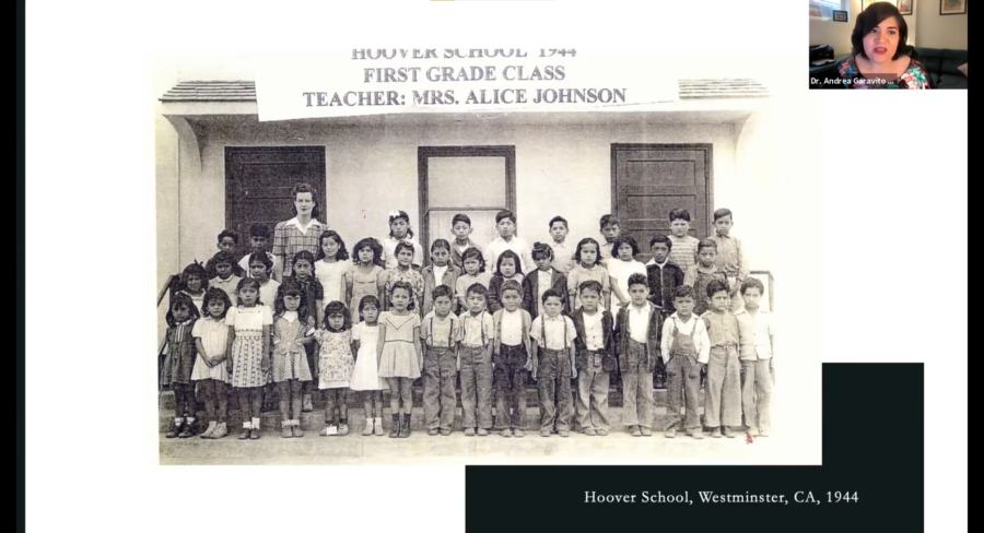 A photo of Hoover Schools first grade class of 1944 is shared for all members of the Zoom call to see. Photo credit: Lissete Landaverde