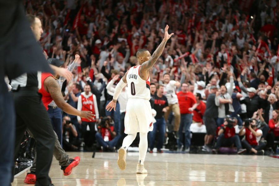 Damian Lillard knocks down the game-winning 3-pointer to lift the Portland Trail Blazers past the Oklahoma City Thunder, 118–115, in game five of their first-round playoff series on April 23, 2019 at Moda Center. The Blazers won the series 4–1. Photo credit: MCT