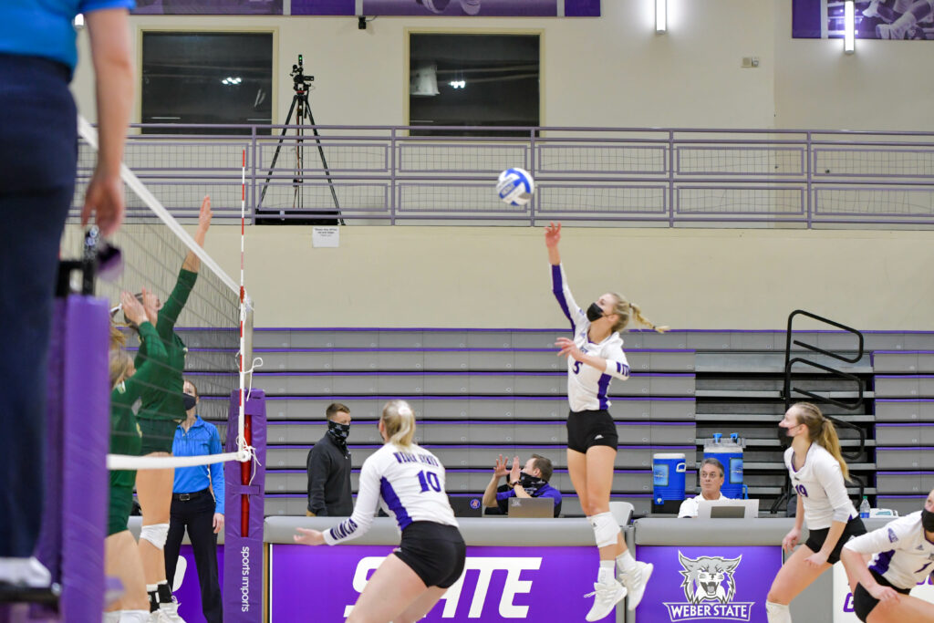 Weber State Volleyball wins Saturday's game against Sacramento, giving the Lady Wildcats a 10-game winning streak for the first time since 1988.. Riley Weinert smacking the ball to Sacramento, contributing to the win. Nikki Dorber / The Signpost