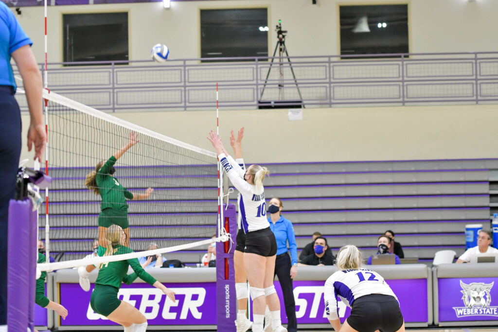 Weber State's Caroline Broadhead assisting in serving the ball to Sacramento. Weber State is on a 10-game winning streak as of Saturday, breaking the previous record of 9 games in 2016.. Nikki Dorber / The Signpost