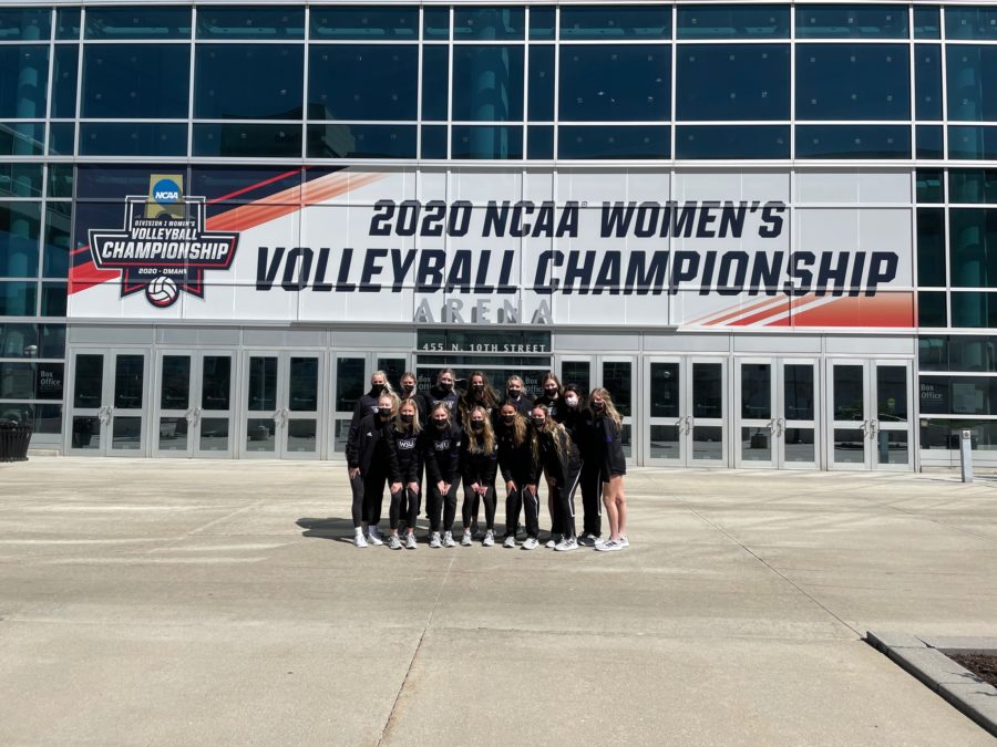 The Weber State volleyball team group together in excitement to participate in the NCAA Womens Volleyball Championship. Photo credit: Weber State Athletics