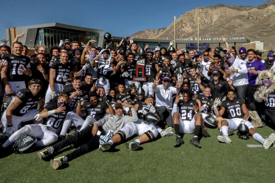 The Wildcats celebrate the teams fourth-straight Big Sky Conference Championship on April 10 at Stewart Stadium. (WSU Athletics)
