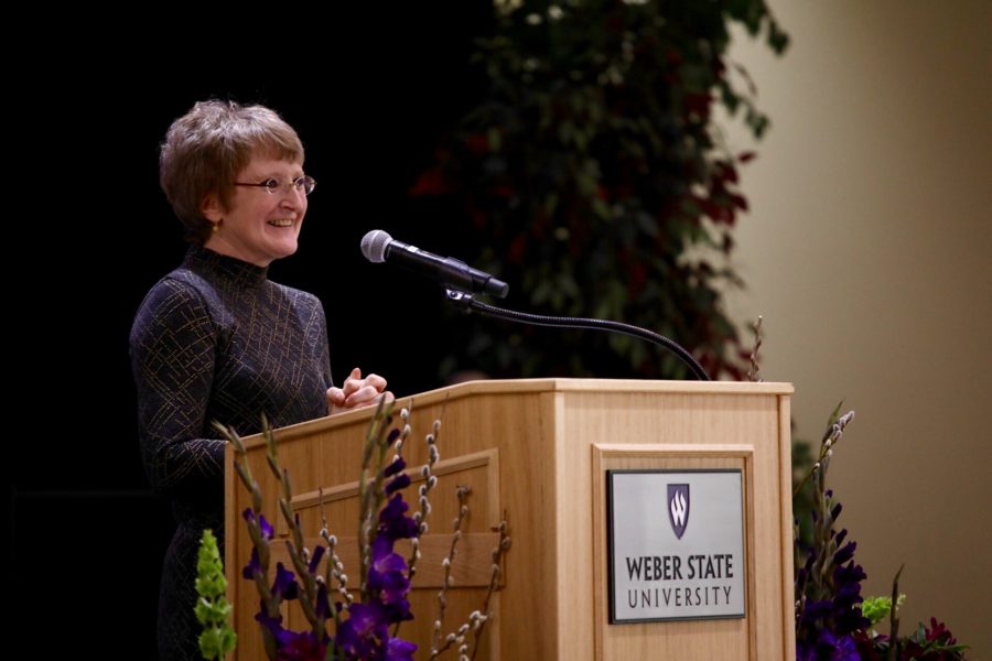 Sheree Josephson pictured speaking to the audience during the Brady Presidential Distinguished Professor Ceremony in April of 2018. Photo credit: Weber State University
