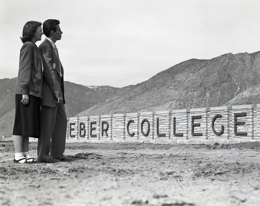 This archive photograph from 1949-1950 shows when Weber College’s monument wall was built on the Harrison Boulevard location, preceding the construction of the college on Harrison by two years. (Weber State University Archives) Photo credit: Weber State University Archives