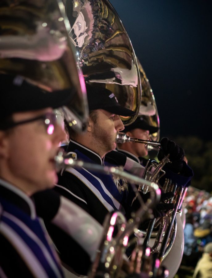 Members of the WSU marching band during the Homecoming football game on October 12, 2019. Students who are part of the marching band will receive activity waivers for their time spent in the activity. Photo credit: Weber State University