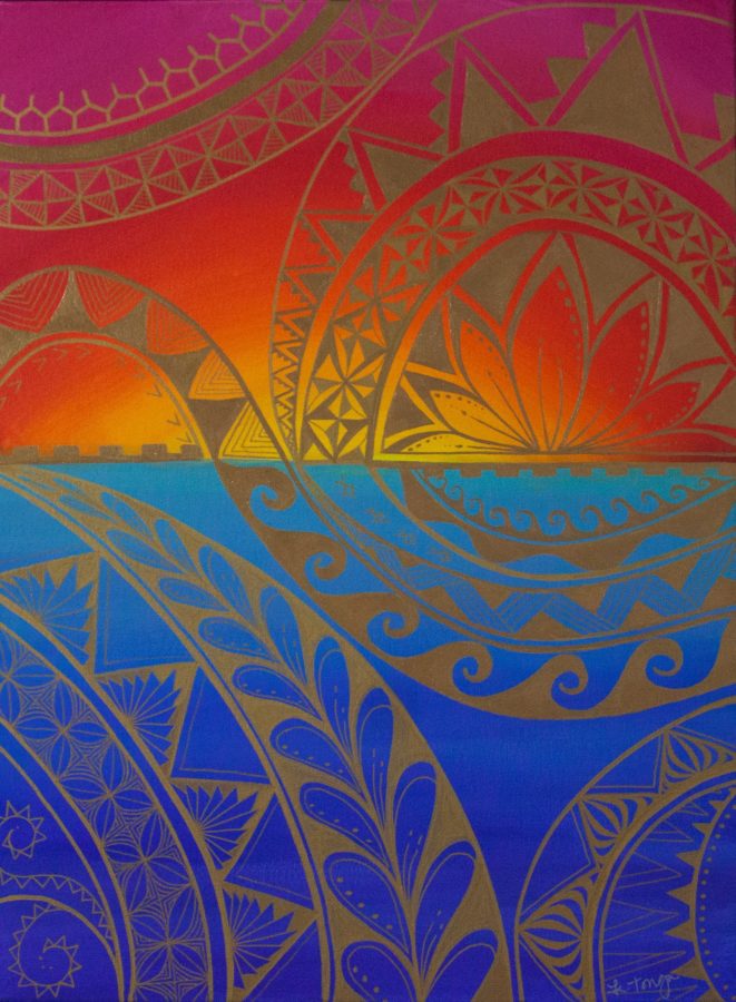 The bright painting brings together the beauty of the ocean and sunset alongside the beautiful linework that can be found in many other art forms. (Bella Torres / The Signpost)