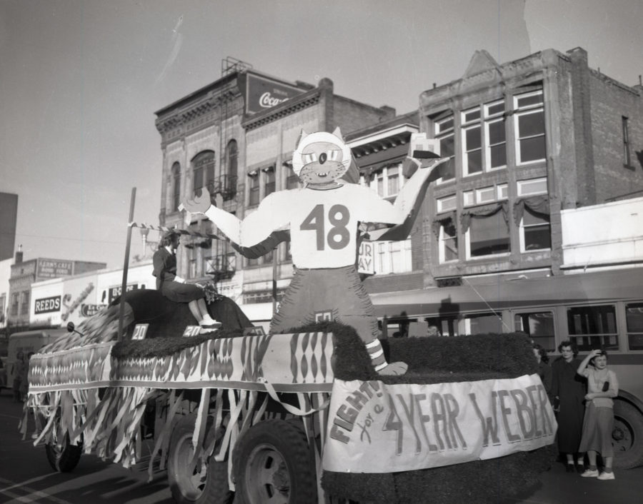A float celebrating Waldo Wildcat drove through downtown Ogden celebrating homecoming in 1949. (Signpost Archives)