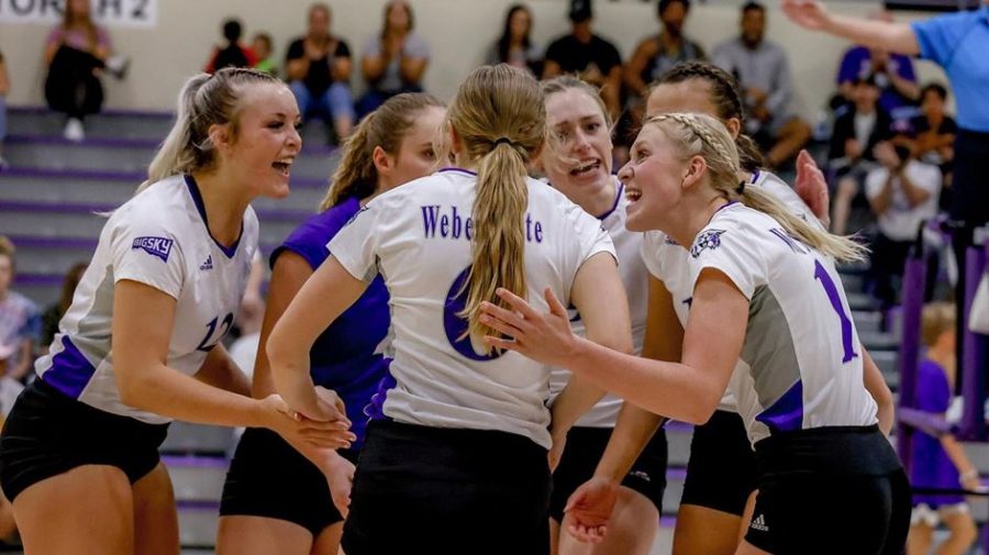The Weber State volleyball team celebrates together. Photo credit: WSU Athletics