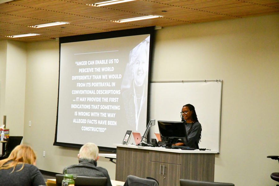 Myisha Cherry, a professor from the University of California, gave a lecture to students of Weber State University on Nov. 11, discussing racism and how to collaborate as a society. Photo credit: Nikki Dorber