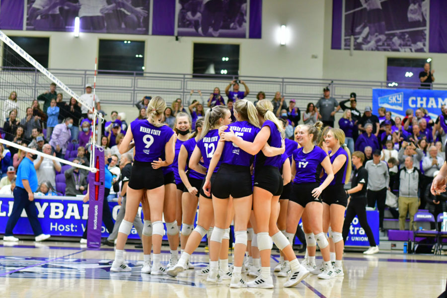 Weber State Universitys Lady Wildcats celebrate a hard-fought five-set game against the Montana Grizzlies. (Nikki Dorber/The Signpost)