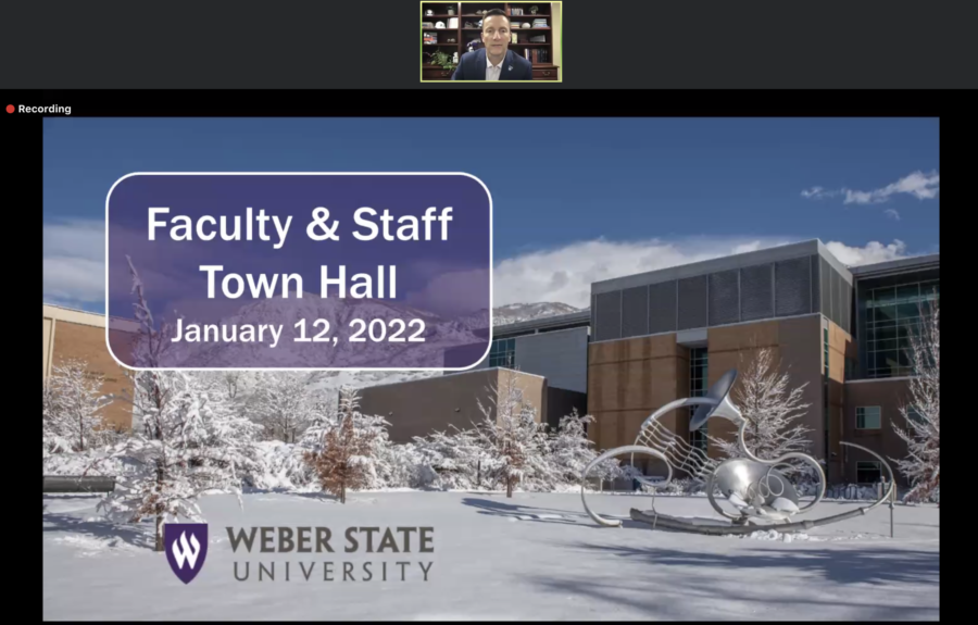President Brad Mortensen speaks to WSU faculty and staff during a virtual town hall. Photo credit: Catie Weimer