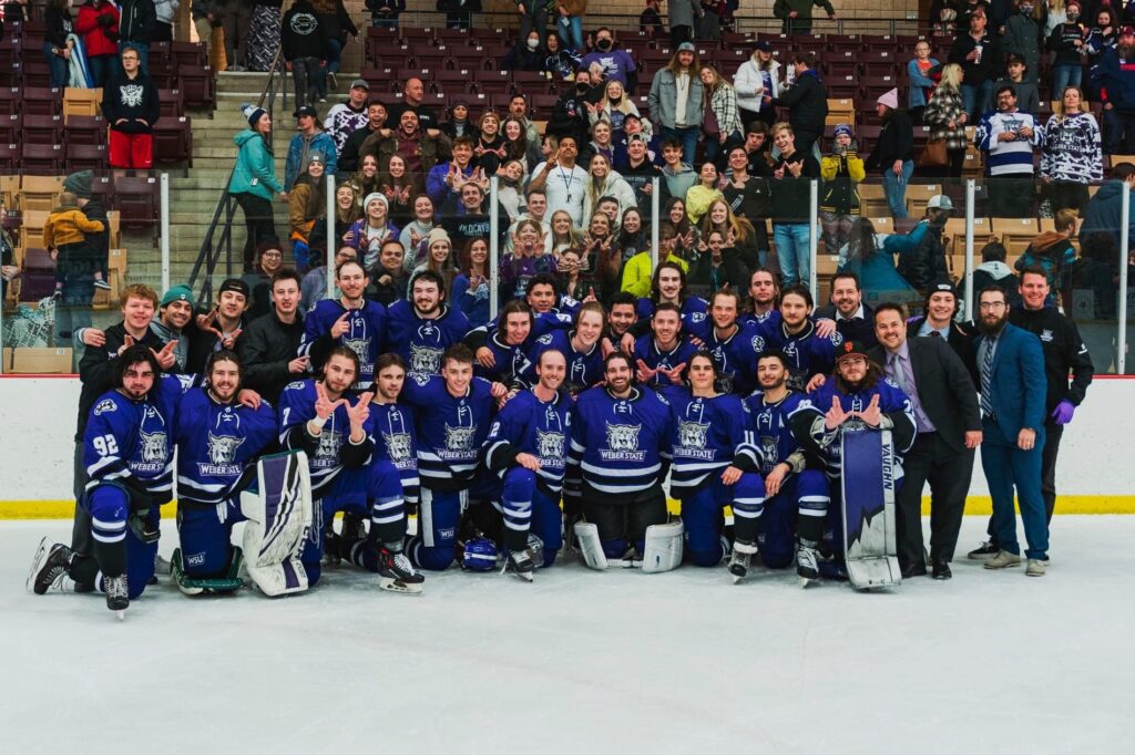 The Weber State hockey team gathered for a group photo after their 9–2 win against the Utah State Aggies on Feb. 19.