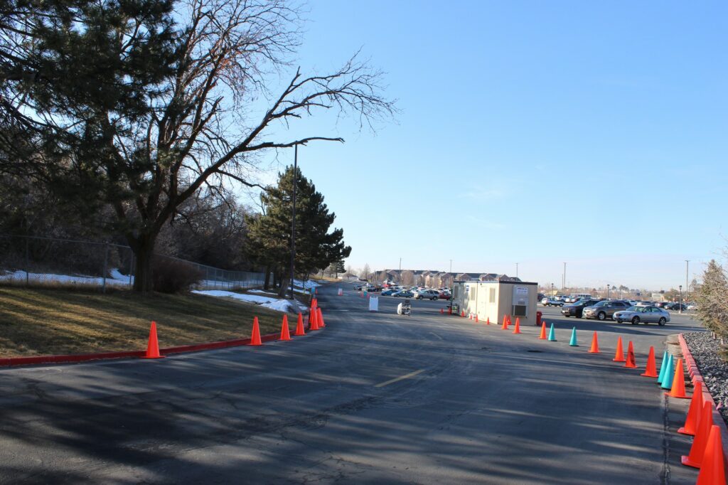 The drive-thru testing center is located next to the Dee events center. (Camryn Johnson/ The Signpost)