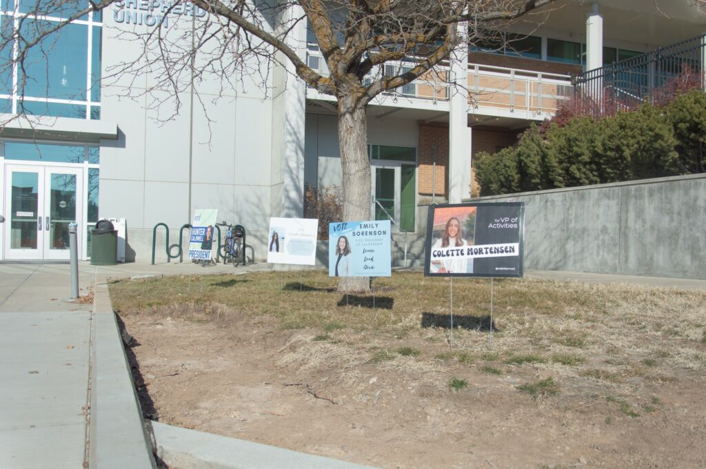 Signs stand outside the Shepherd Union building bearing the names and faces of the running WSU senators. (Kennedy Robins/ The Signpost)