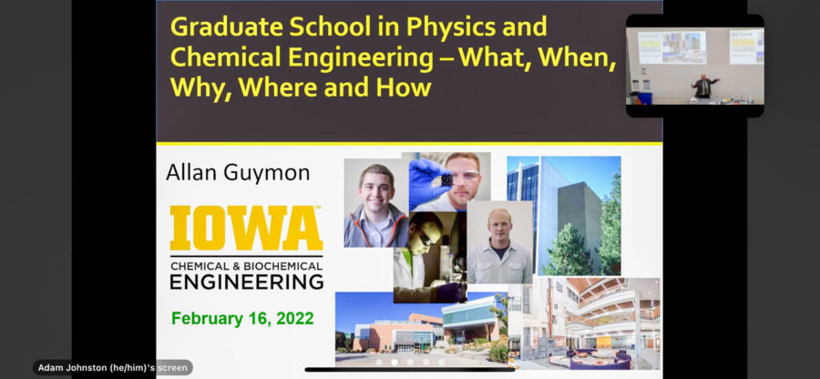 Allan Guymon, from the University of Iowas chemical and biochemical engineering department, holds a seminar for soon-to-be graduates of physics and engineering, giving students ideas for their future. Photo credit: Nikki Dorber