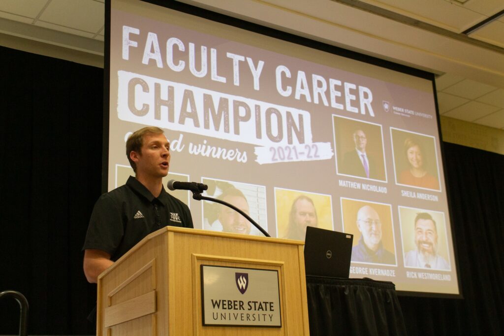 Student Body President Ben Ferney, explaining what a career champion is, the differences they make in students lives and how important they are to Weber State University. (Kennedy Robins/ The Signpost)