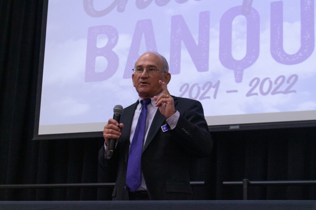 Winn Stanger telling the history of the career champions recognition banquet and what started the banquet. (Kennedy Robins/ The Signpost)