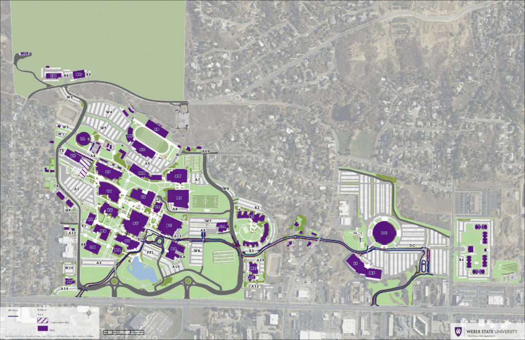 Ariel and graphic map of the campus and OGX route.