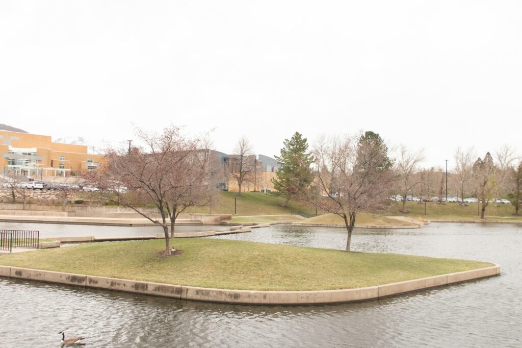 A piece of land located in the lake at Ogden campus.