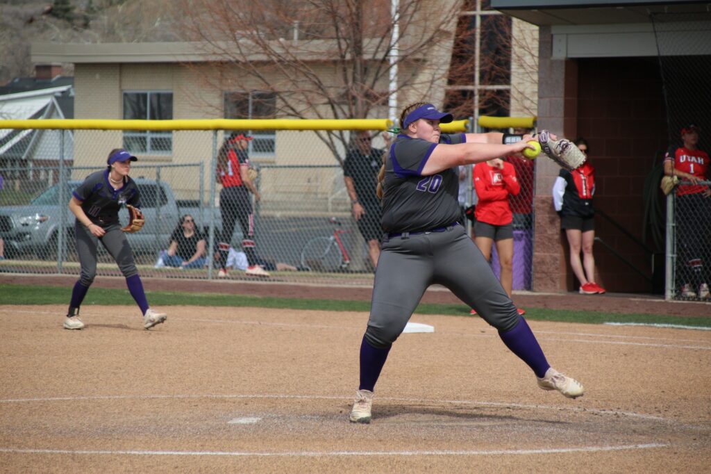 Weber State pitcher Amanda Sink winds up for a pitch. (Summer Muster/The Signpost)