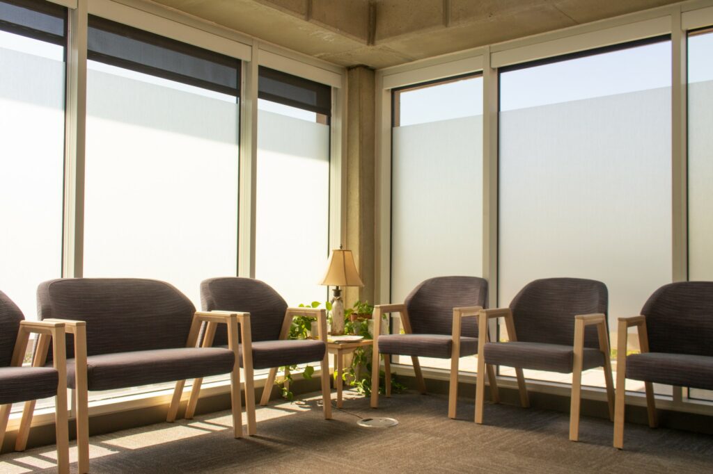 Inside the Counseling and Psychological Service Center, you will find a place to sit while wating for your councelor and blacked out windows for your privacy. (Kennedy Robins/ The Signpost)