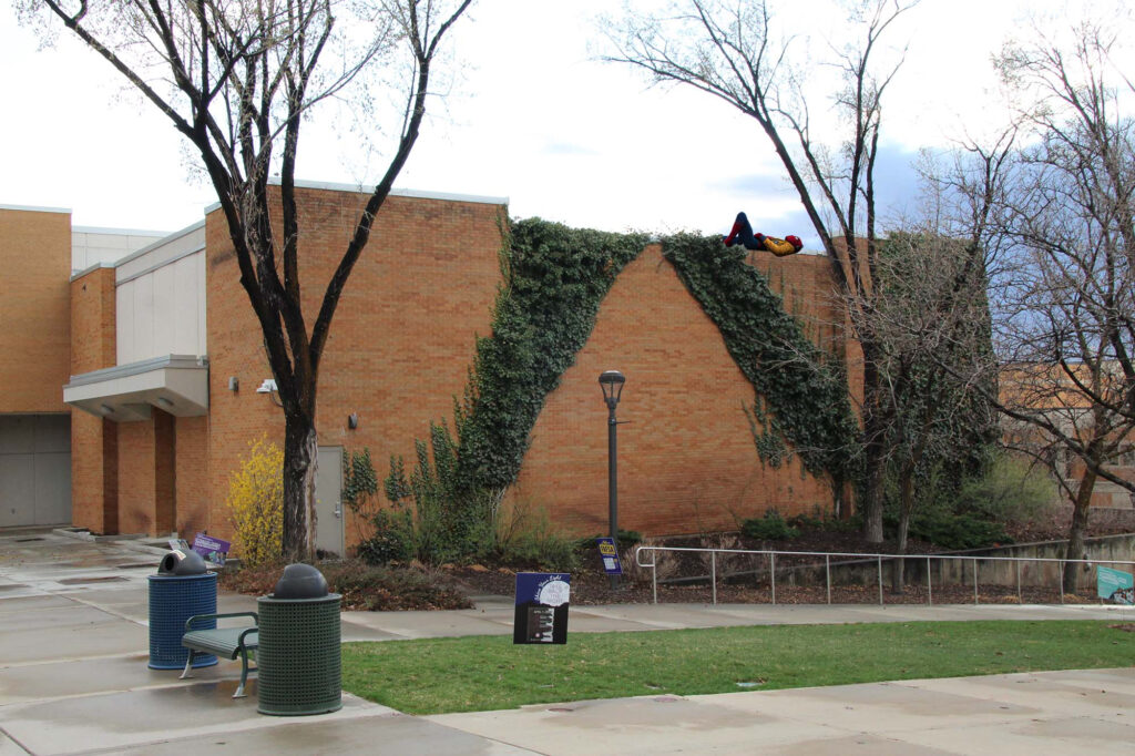 Spiderman sits on top of the Shepherd Union during a break in shooting. (Summer Muster/The Signpost)