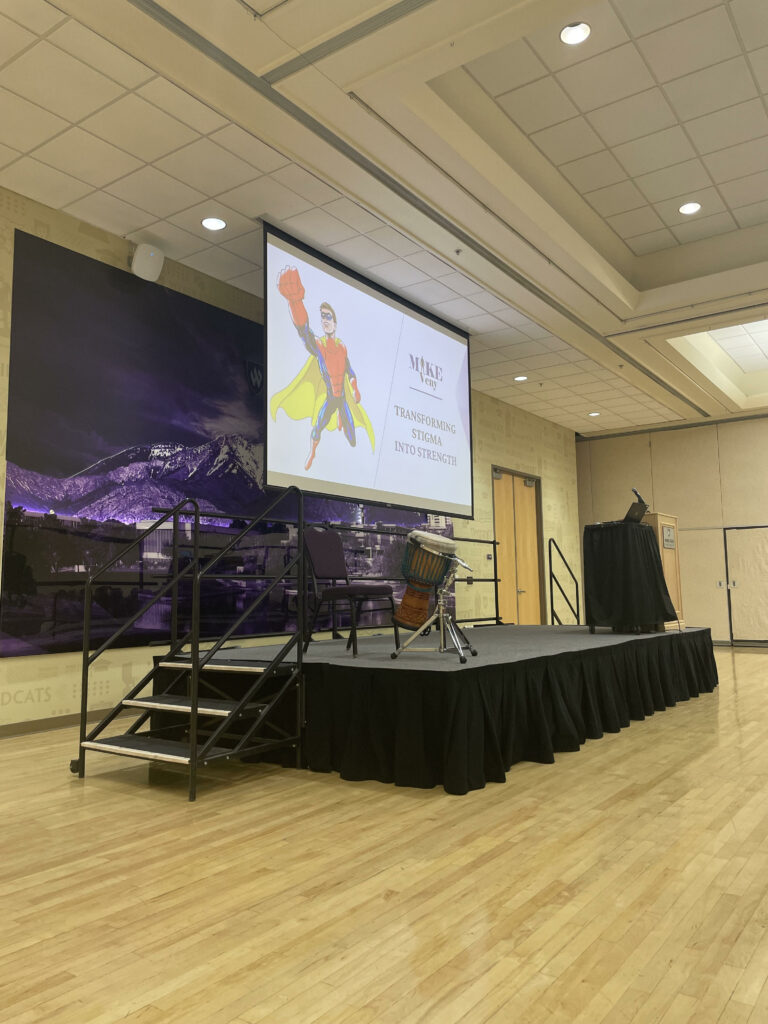 The ballroom stage set up for Veny's speech.