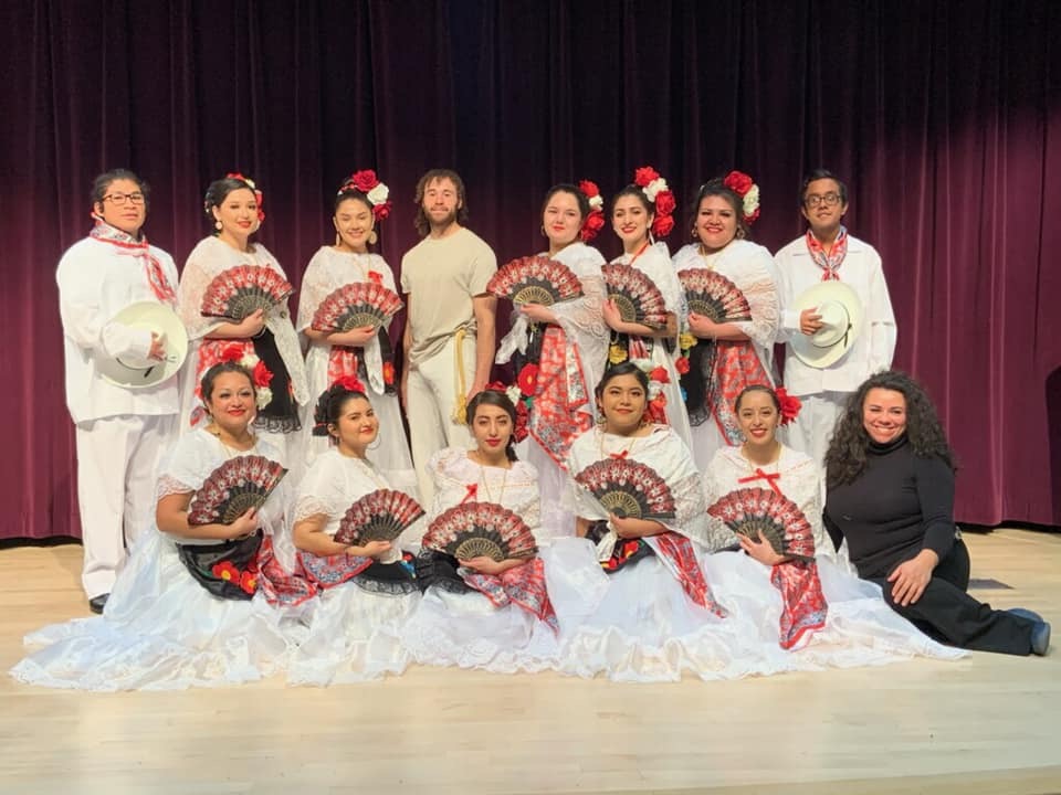 The WSU Ballet Folklorico in folklorico dresses from Veracruz, Mexico.