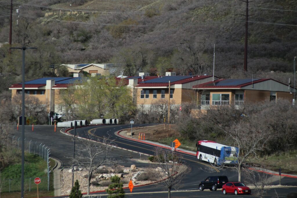 One building on campus has a roof that is nearly covered with solar panels. (Summer Muster/The Signpost)