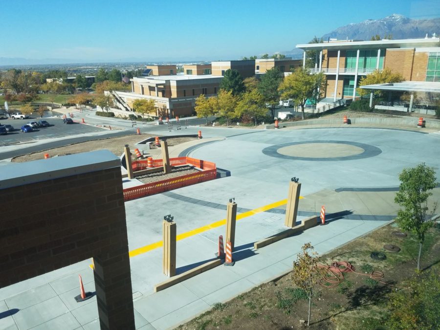 A view of the Central campus bus stop from a window in the Browning Center building. 