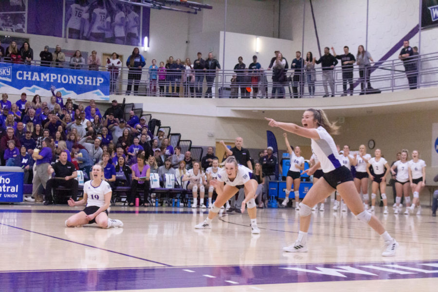 Weber State Universitys Ashlyn Power, Dani Nay and Cayton White cheering after scoring a point for their team.